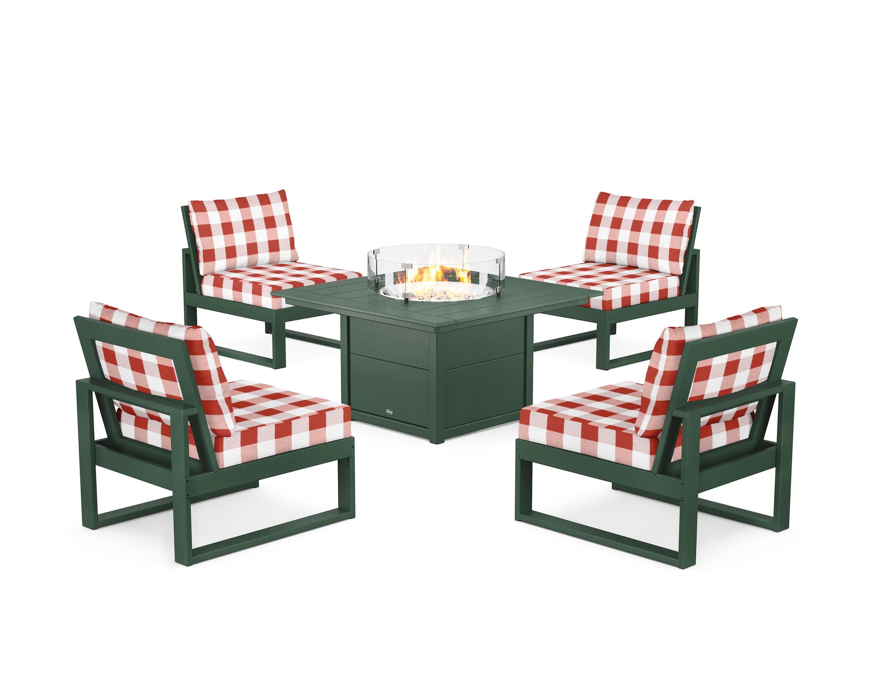Eastport Modular 5-Piece Deep Seating Set with Square Fire Pit Table in Rainforest Canopy / Buffalo Plaid Crimson
