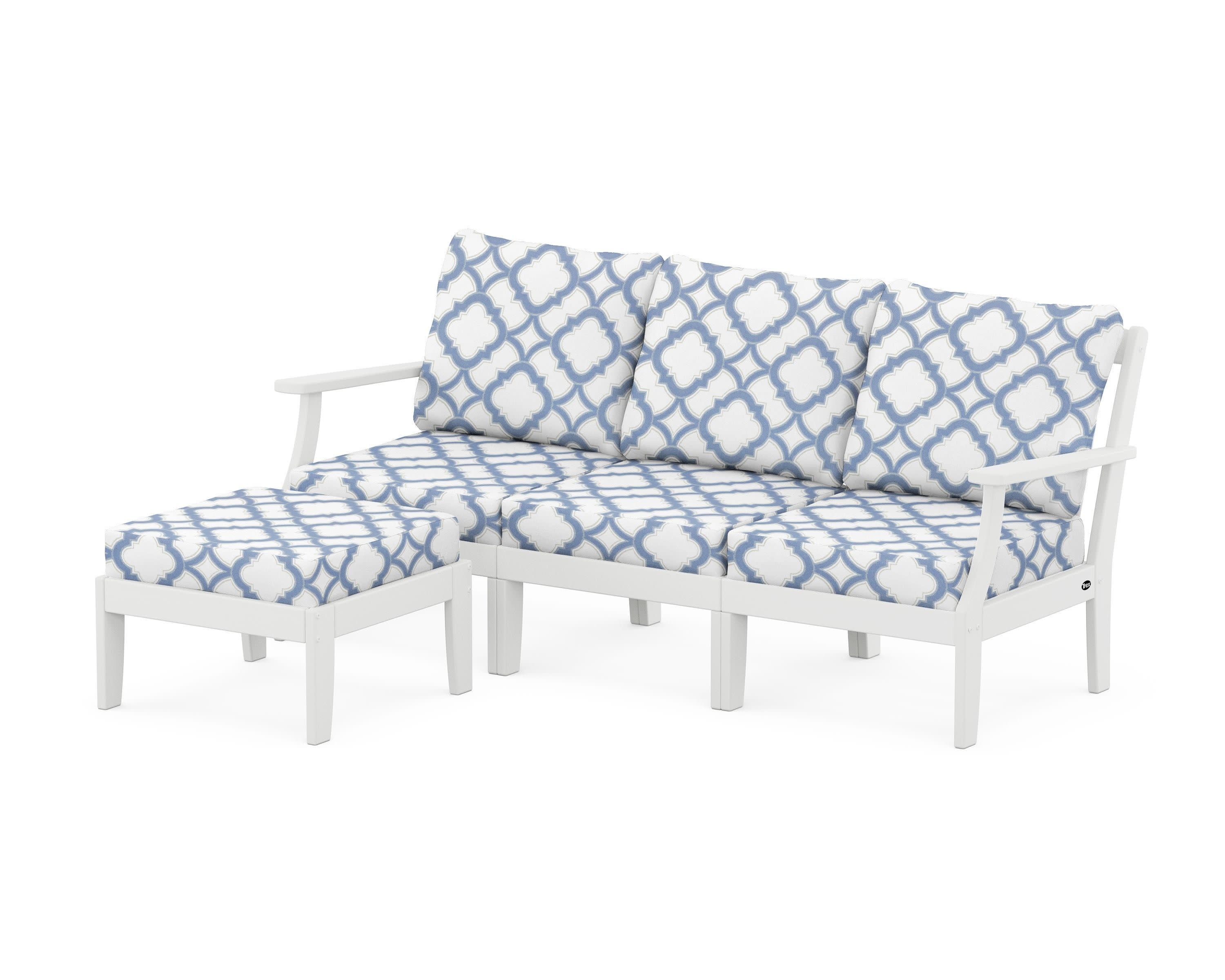 Yacht Club Modular 4-Piece Deep Seating Set with Ottoman in Classic White / Trellis Sky Blue