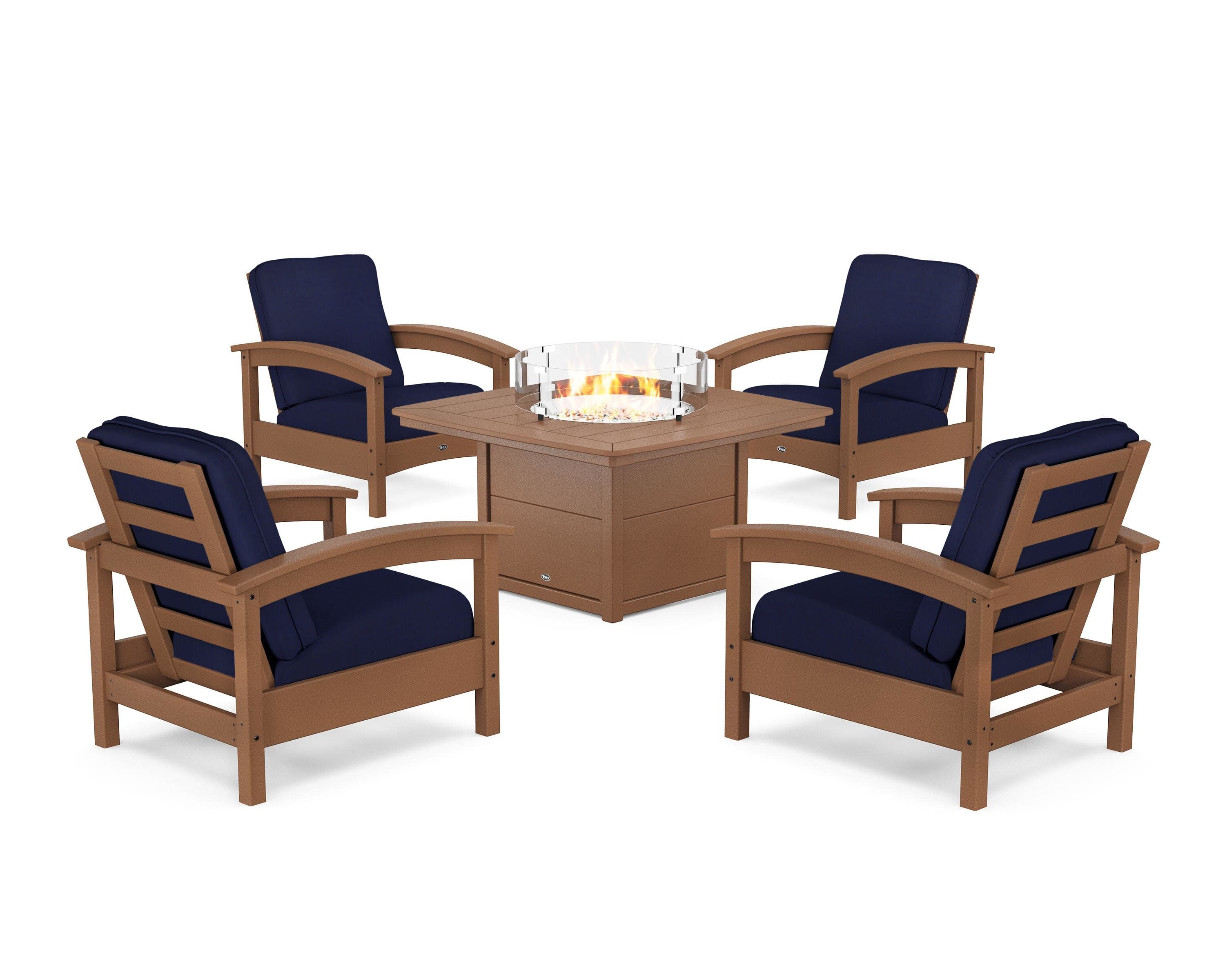 Rockport 5-Piece Deep Seating Set with Yacht Club Fire Pit Table in Tree House / Navy