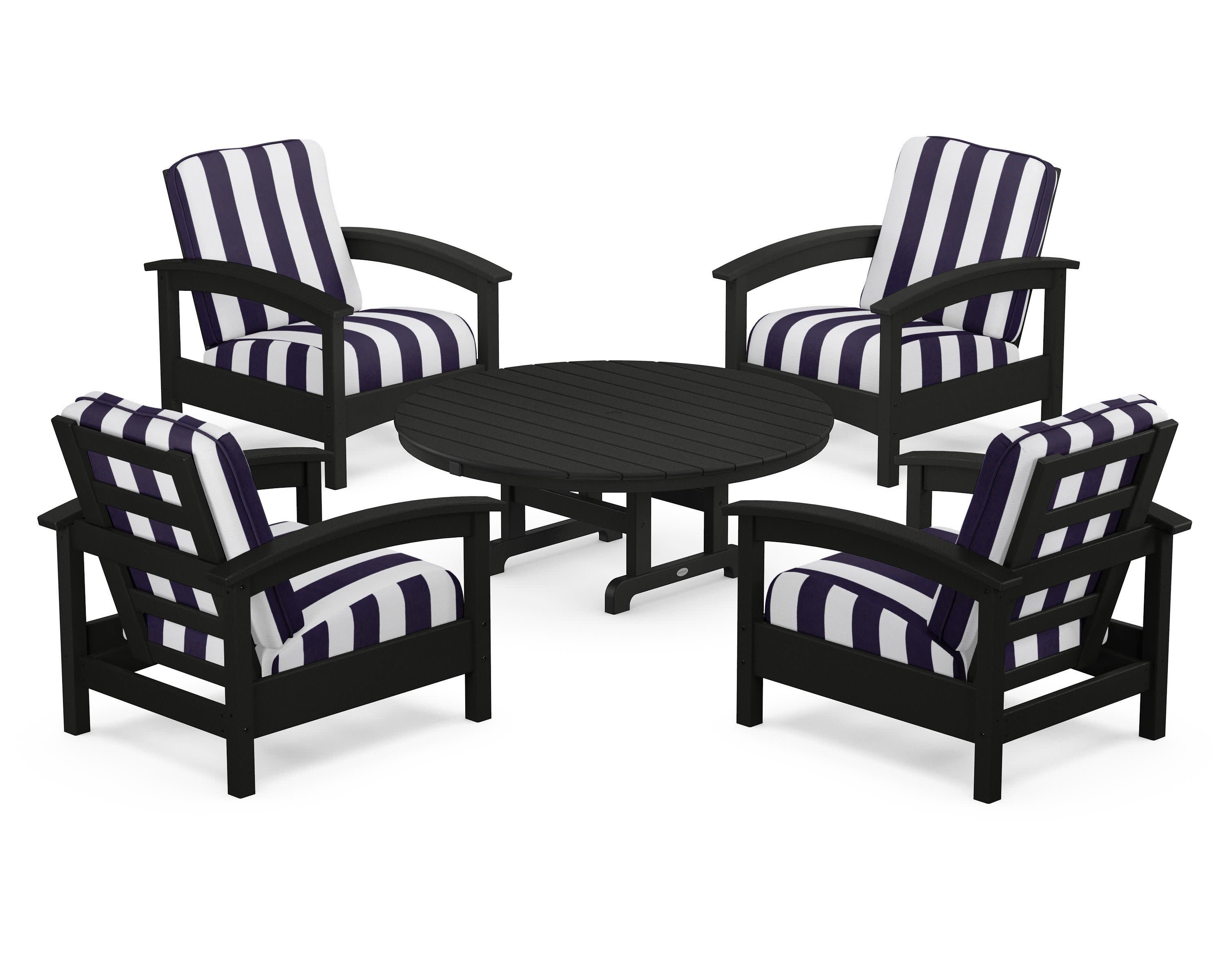 Rockport 5-Piece Deep Seating Set in Charcoal Black / Cabana Stripe Navy