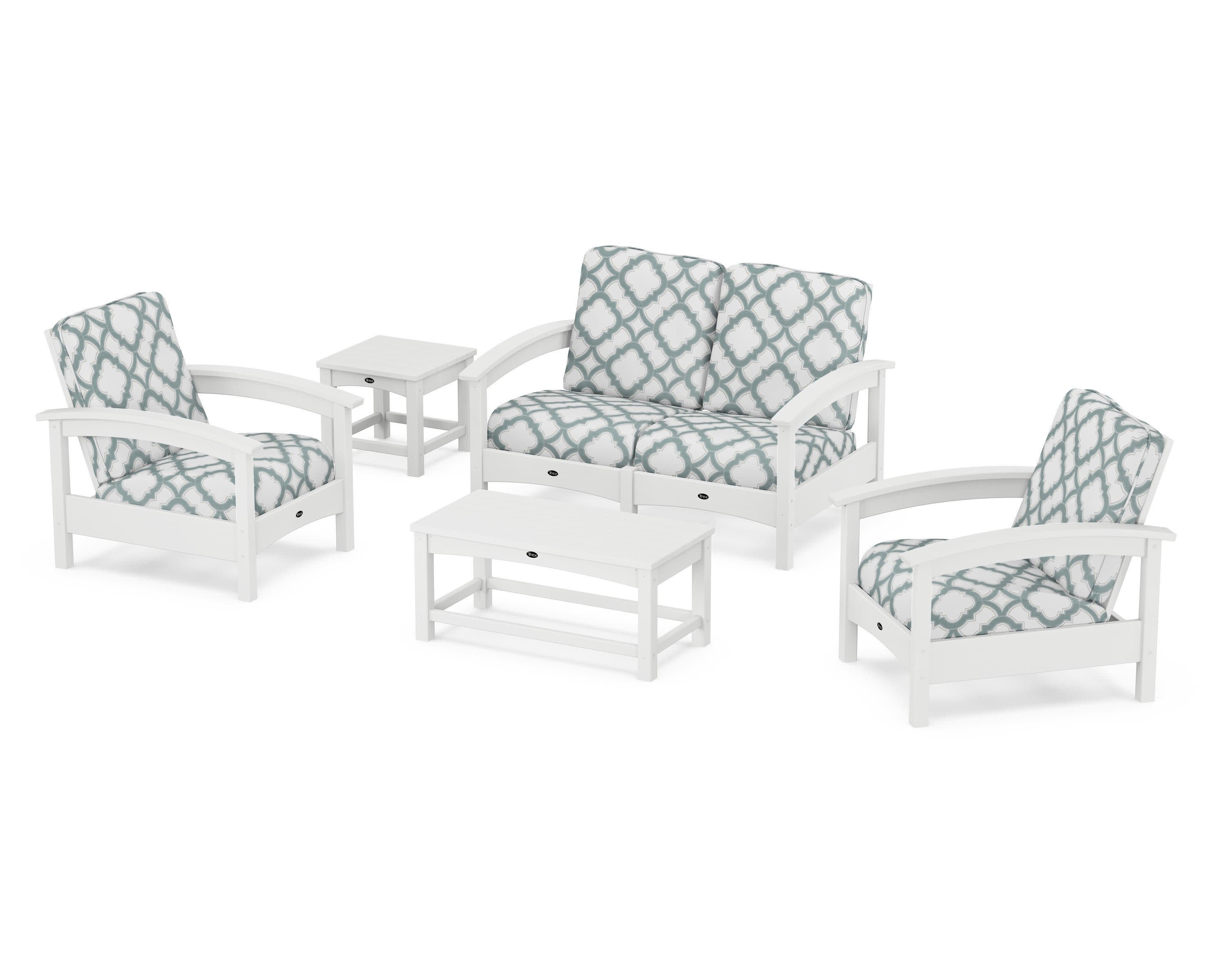 Rockport Club 6-Piece Deep Seating Conversation Set in Classic White / Trellis Glacier Spa