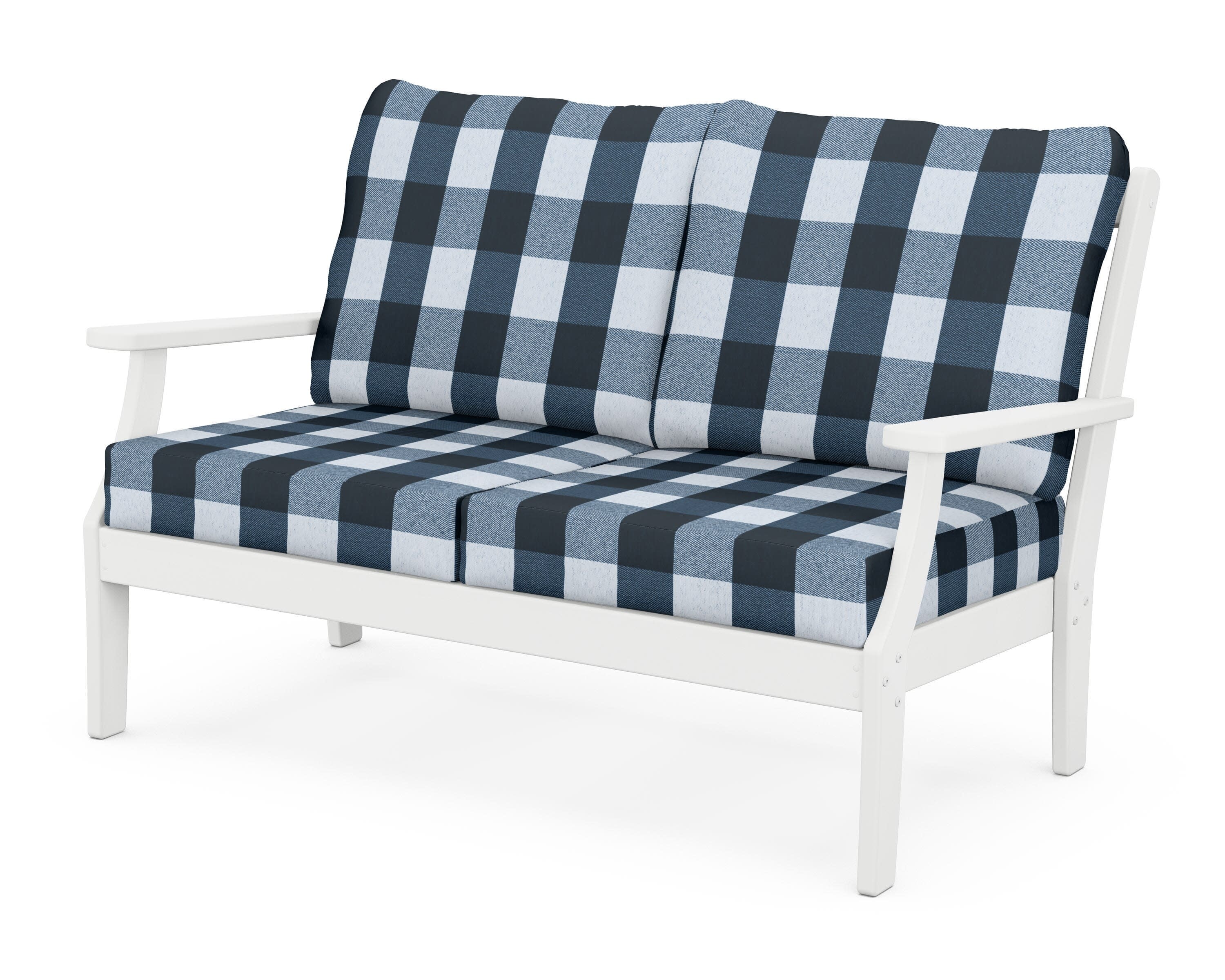 Yacht Club Deep Seating Loveseat in Classic White / Buffalo Plaid Marine Indigo