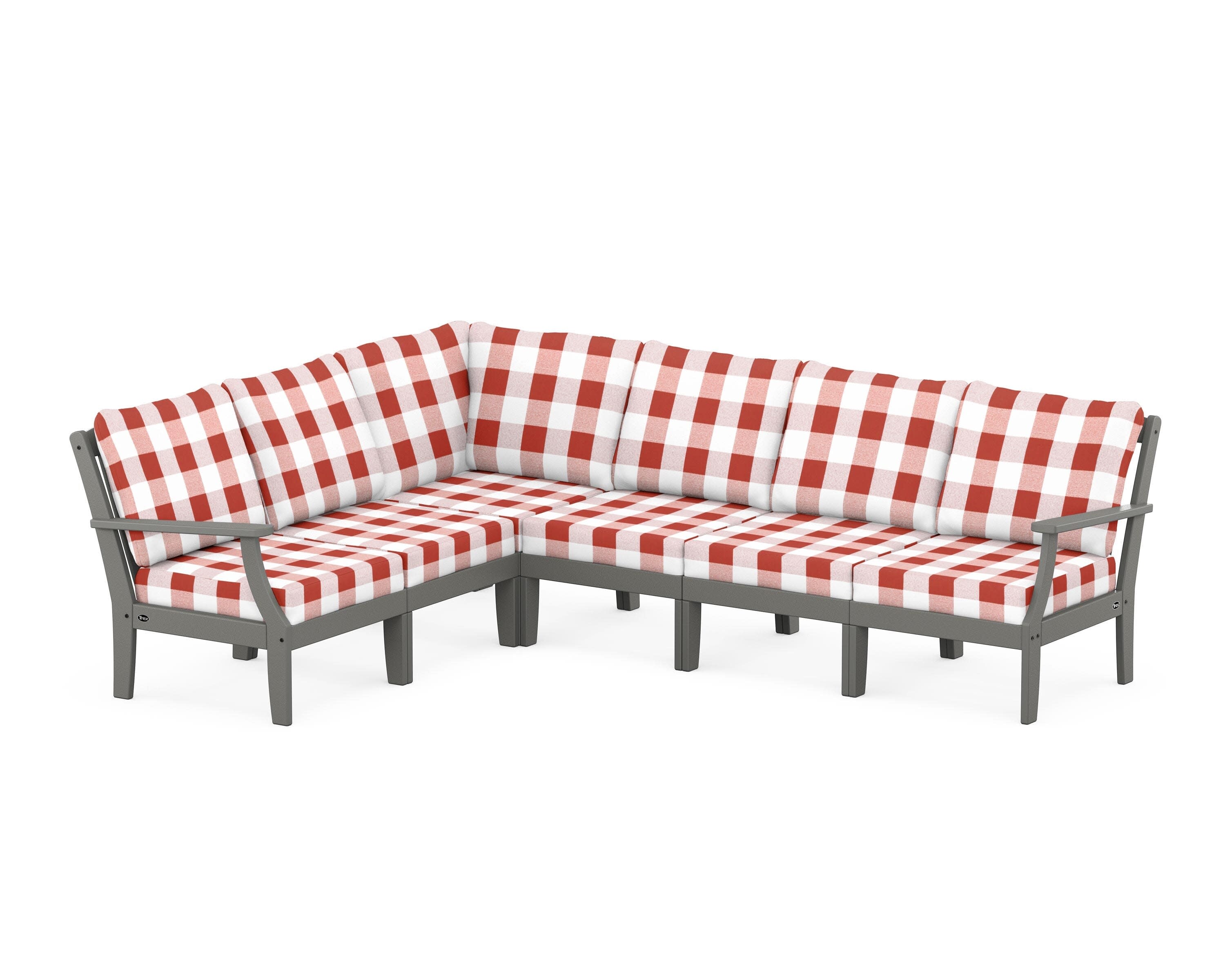 Yacht Club Modular 6-Piece Deep Seating Set in Stepping Stone / Buffalo Plaid Crimson