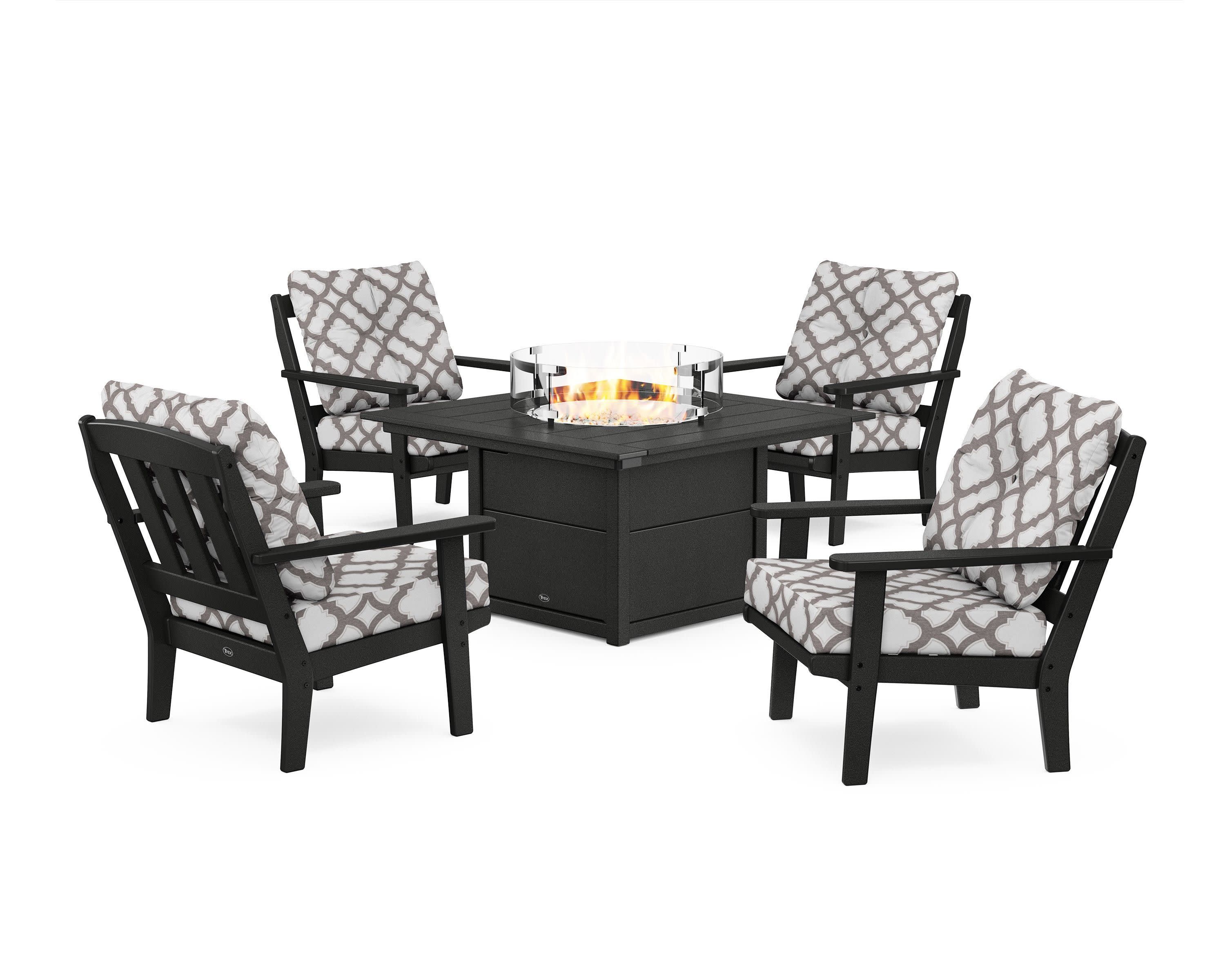 Cape Cod 5-Piece Deep Seating Set with Fire Pit Table in Charcoal Black / Trellis Grey Mist