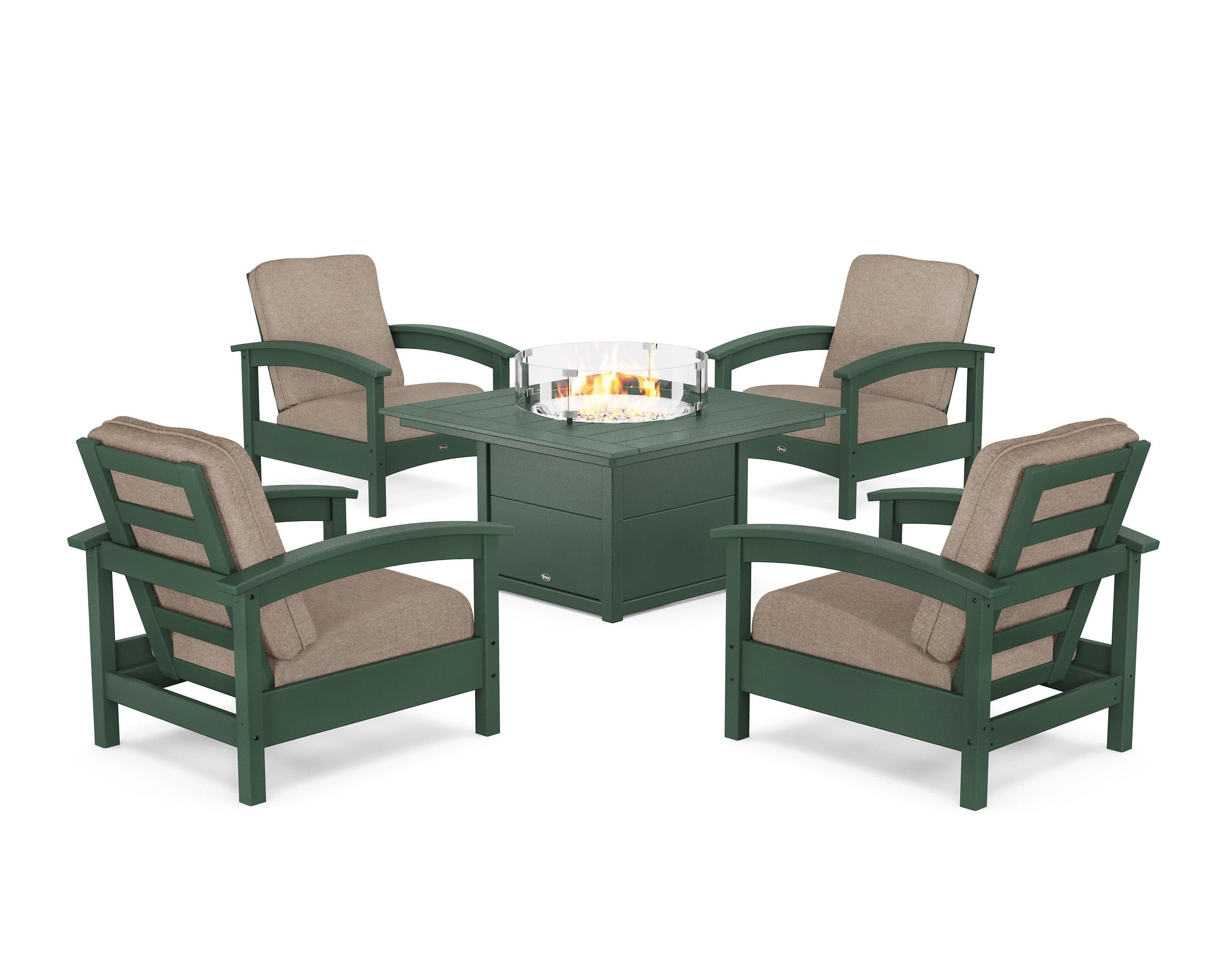 Rockport 5-Piece Deep Seating Set with Square Fire Pit Table in Rainforest Canopy / Spiced Burlap