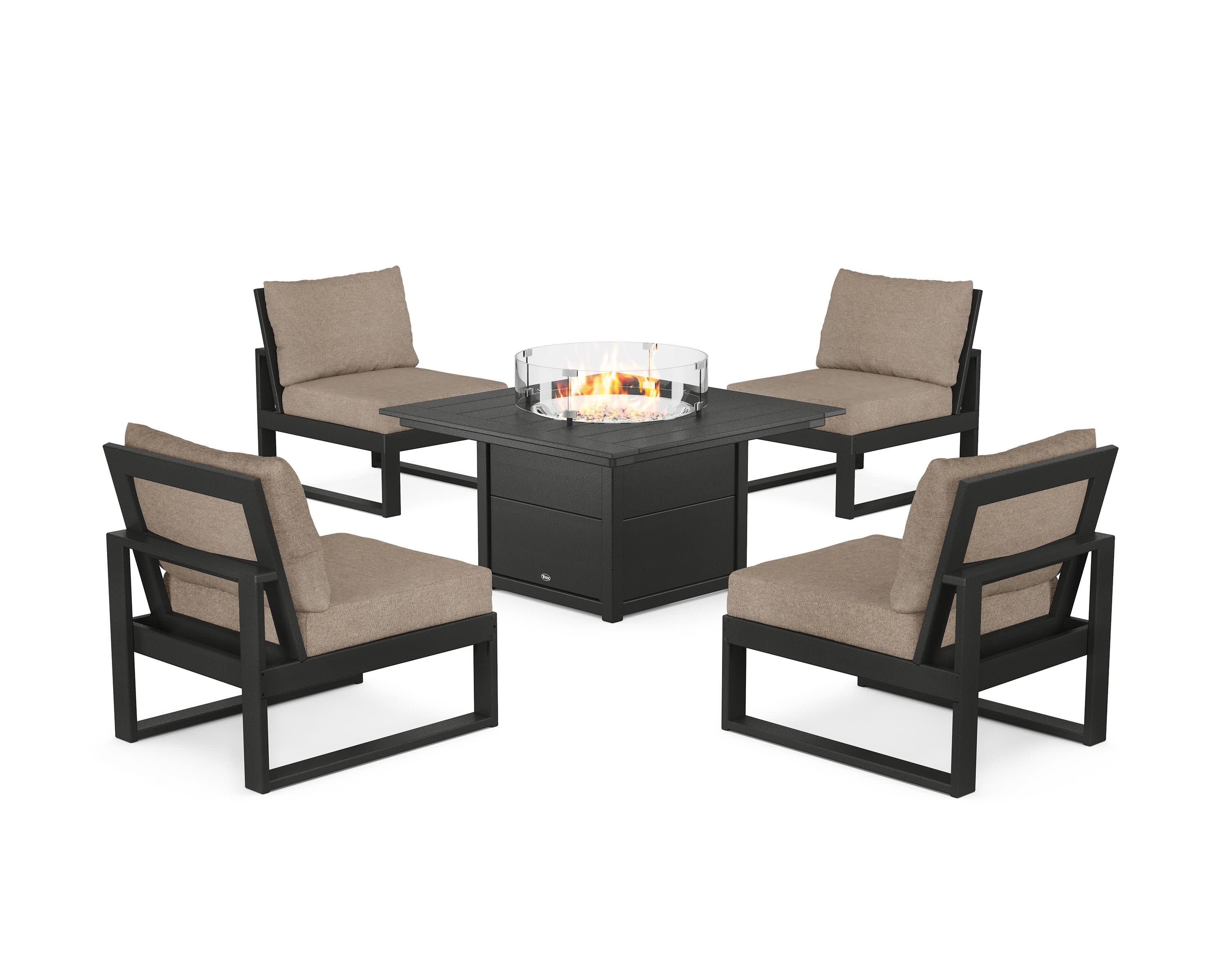 Eastport Modular 5-Piece Deep Seating Set with Square Fire Pit Table in Charcoal Black / Spiced Burlap