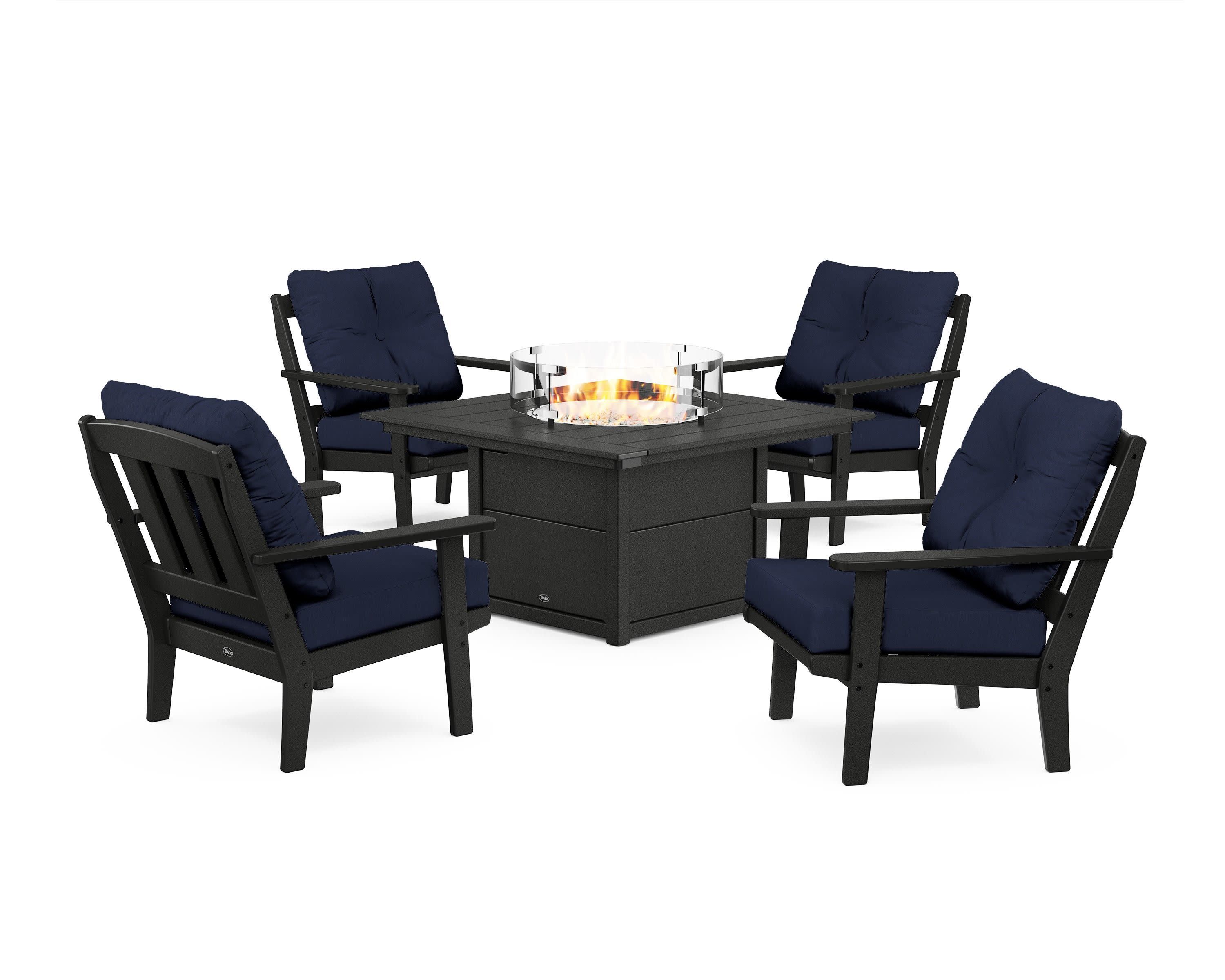 Cape Cod 5-Piece Deep Seating Set with Fire Pit Table in Charcoal Black / Spectrum Indigo