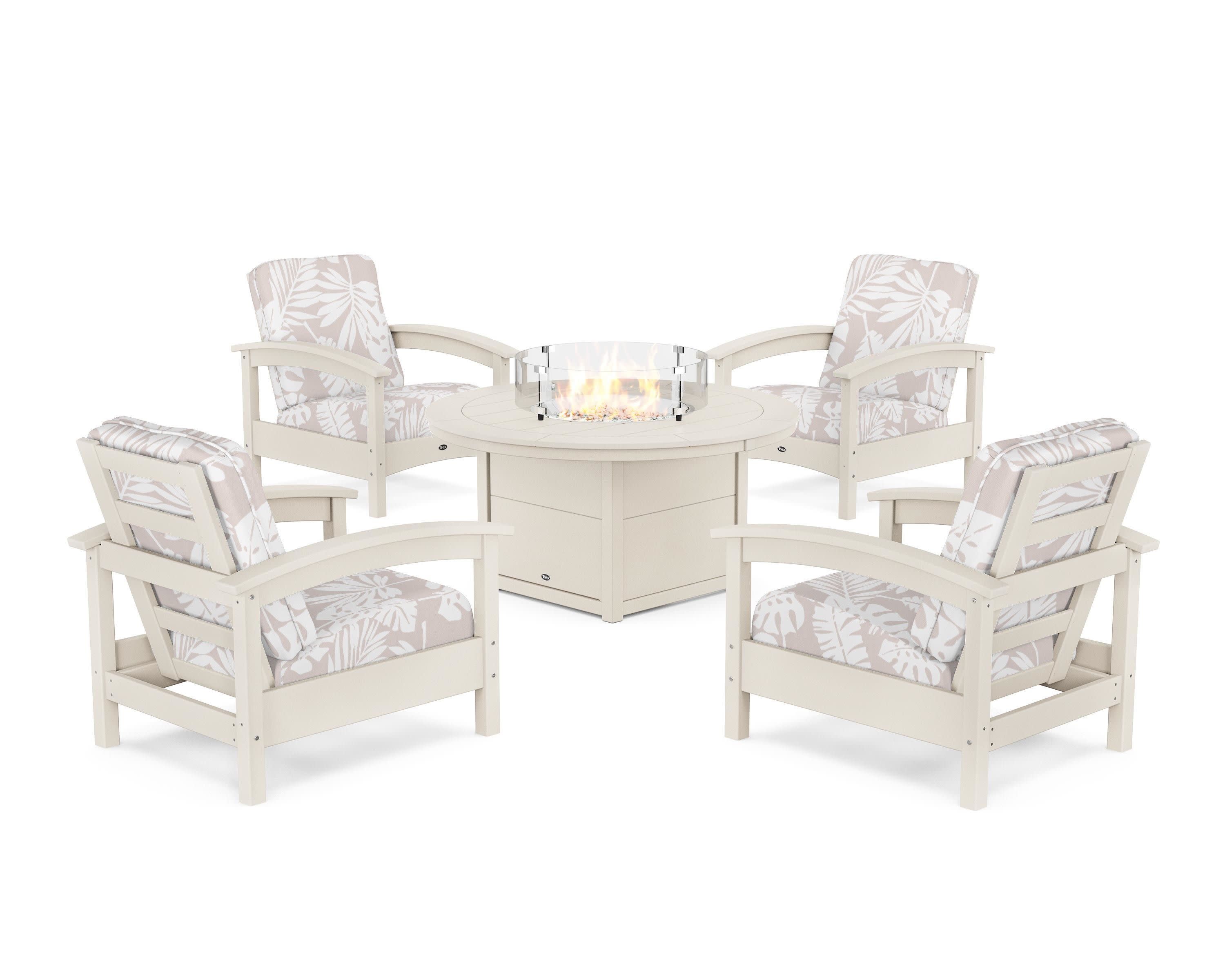 Rockport 5-Piece Deep Seating Set with Round Fire Pit Table in Sand Castle / Leaf Dune Burlap