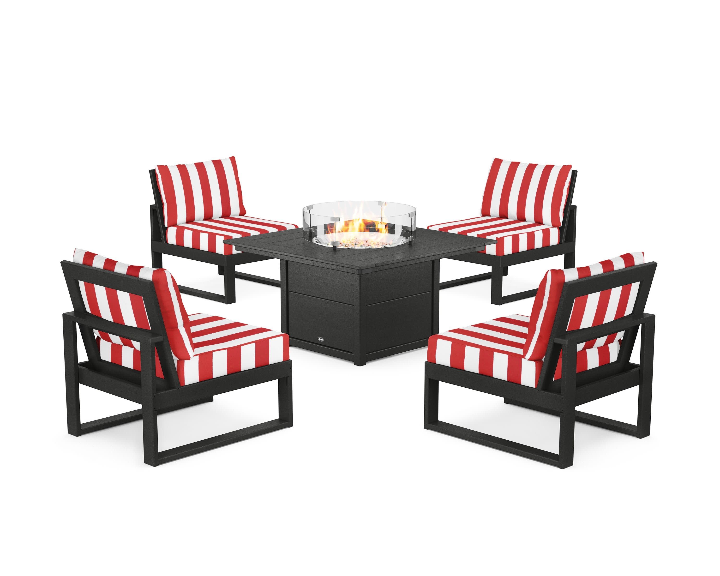Eastport Modular 5-Piece Deep Seating Set with Square Fire Pit Table in Charcoal Black / Cabana Stripe Crimson