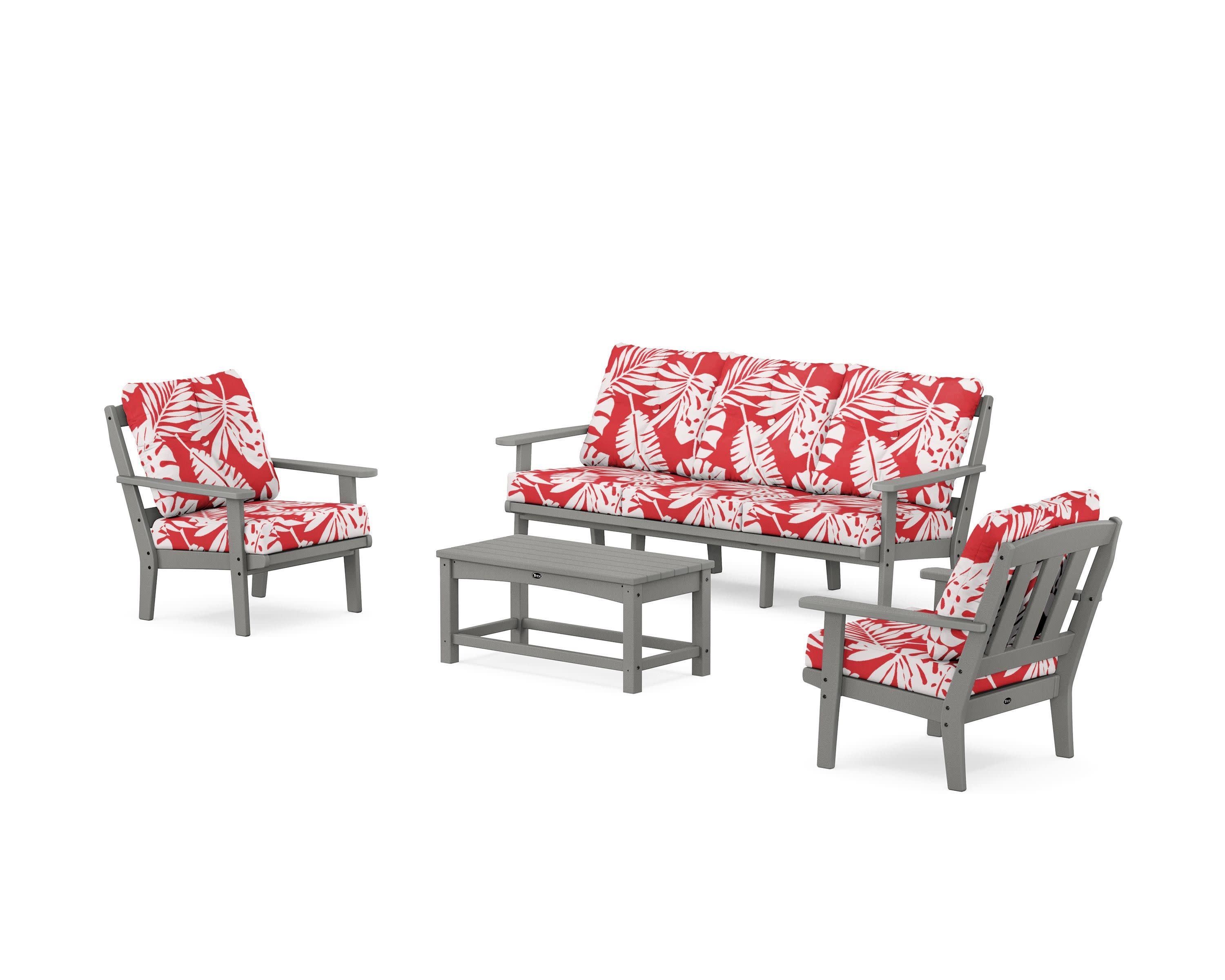 Cape Cod 4-Piece Deep Seating Set with Sofa in Stepping Stone / Leaf Crimson