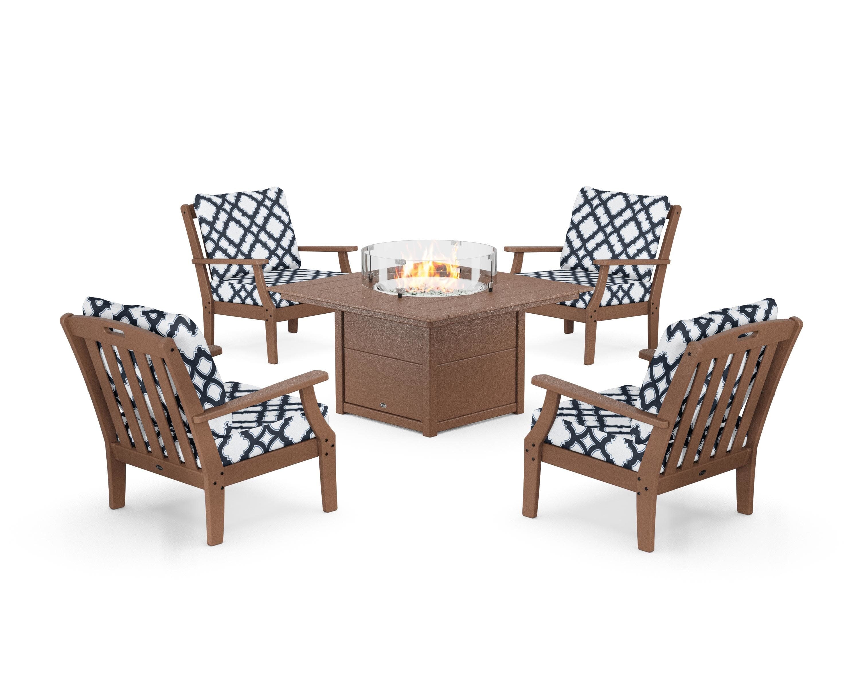 Yacht Club 5-Piece Deep Seating Set with Square Fire Pit Table in Tree House / Trellis Marine Indigo