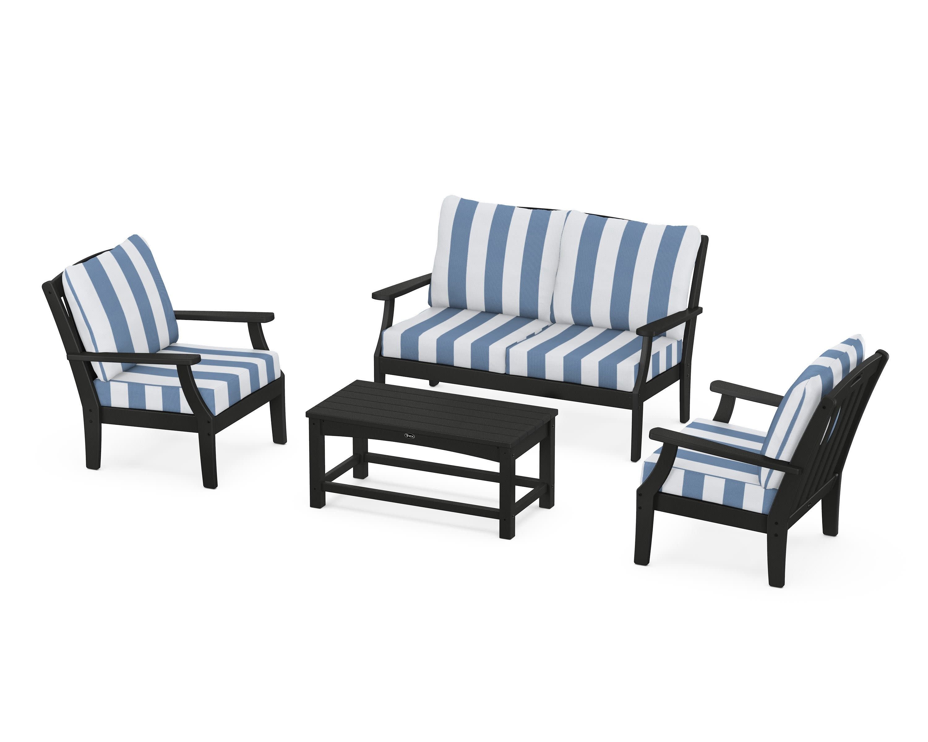 Yacht Club 4-Piece Deep Seating Chair Set in Charcoal Black / Cabana Stripe Sky Blue