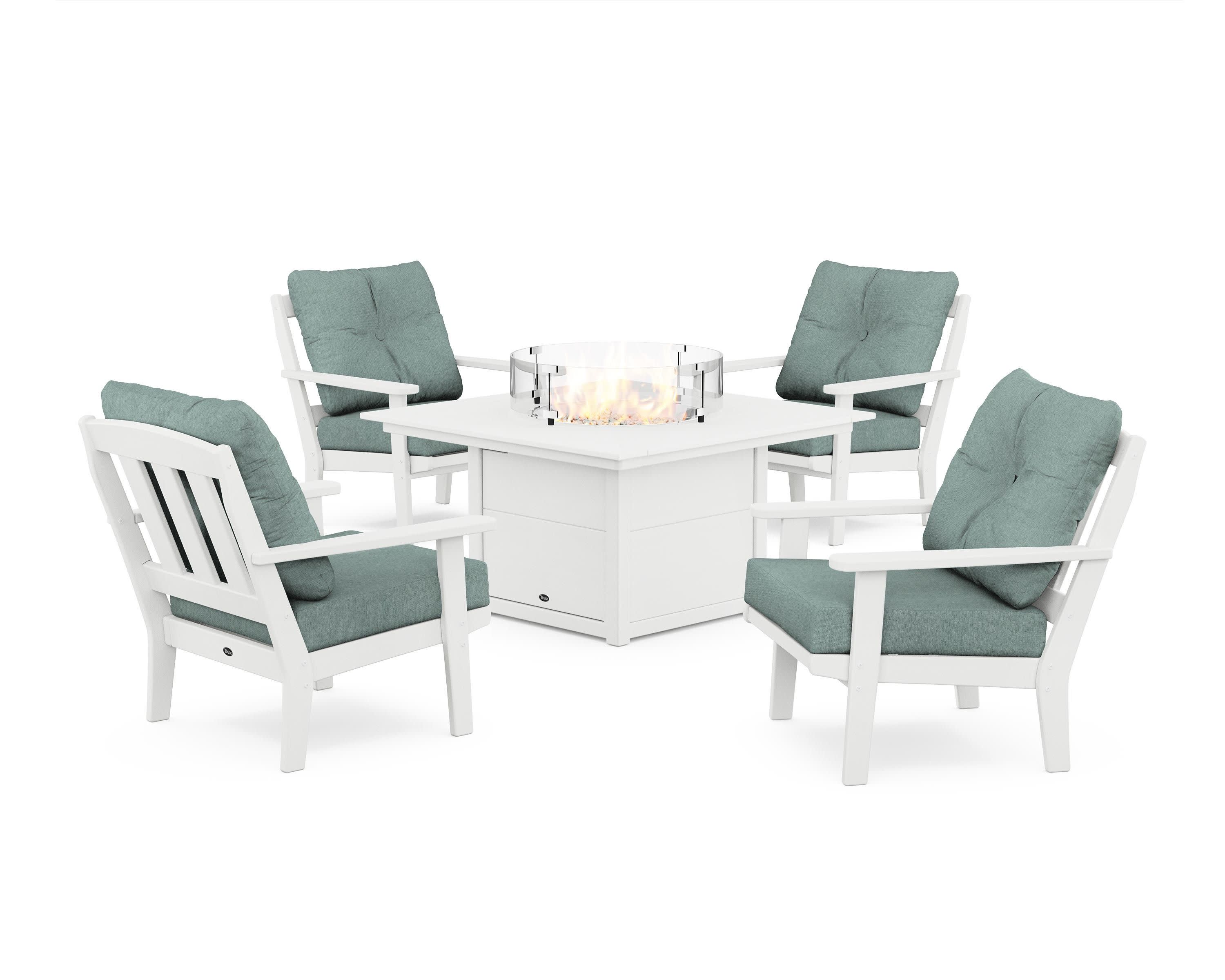 Cape Cod 5-Piece Deep Seating Set with Fire Pit Table in Classic White / Glacier Spa