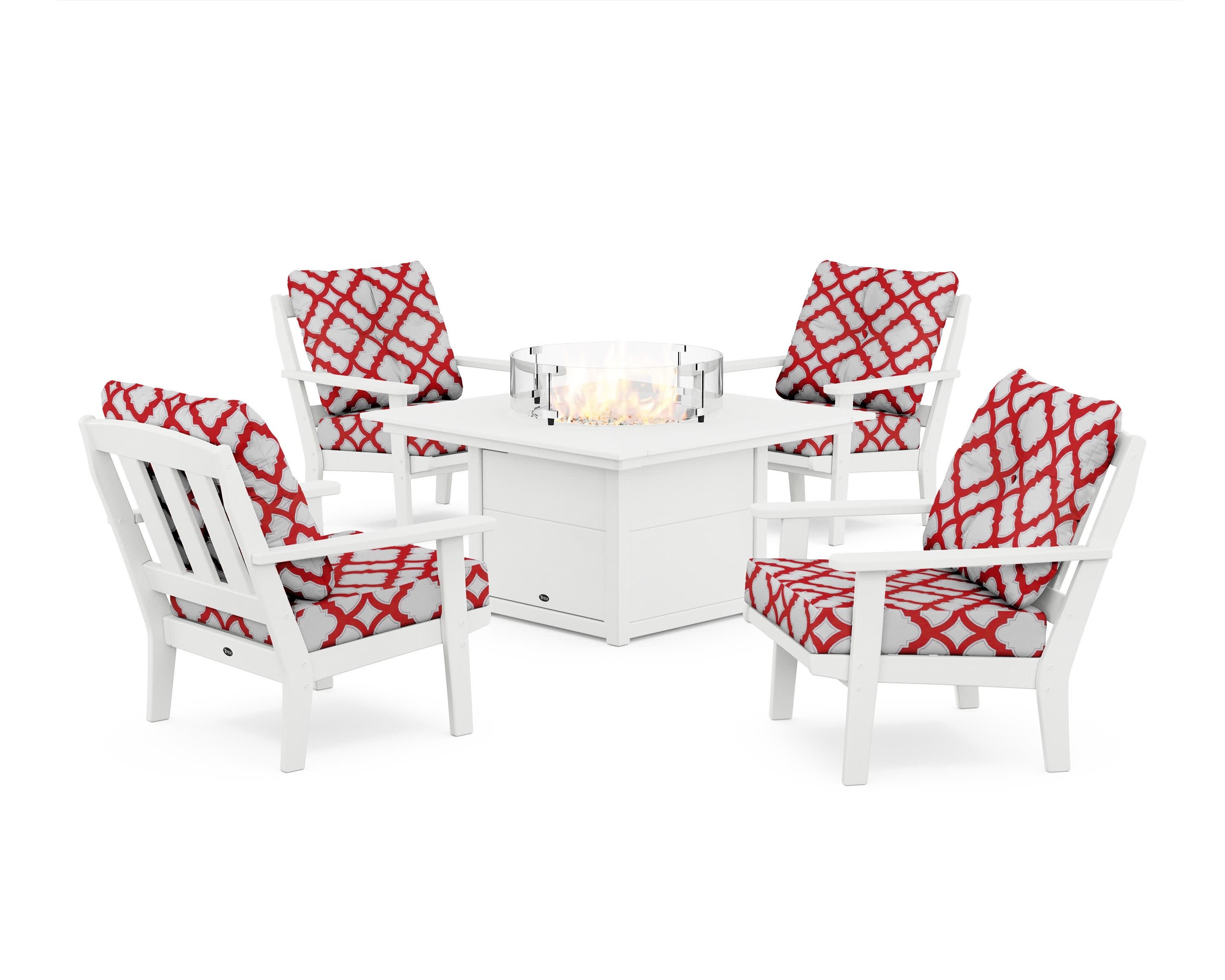 Cape Cod 5-Piece Deep Seating Set with Fire Pit Table in Classic White / Trellis Crimson