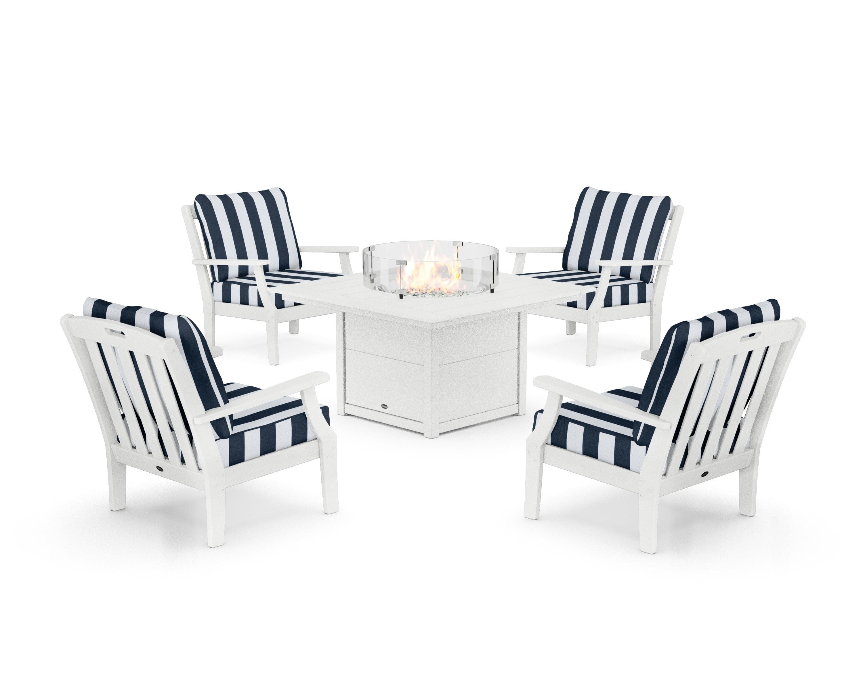 Yacht Club 5-Piece Deep Seating Set with Square Fire Pit Table in Classic White / Cabana Stripe Marine Indigo