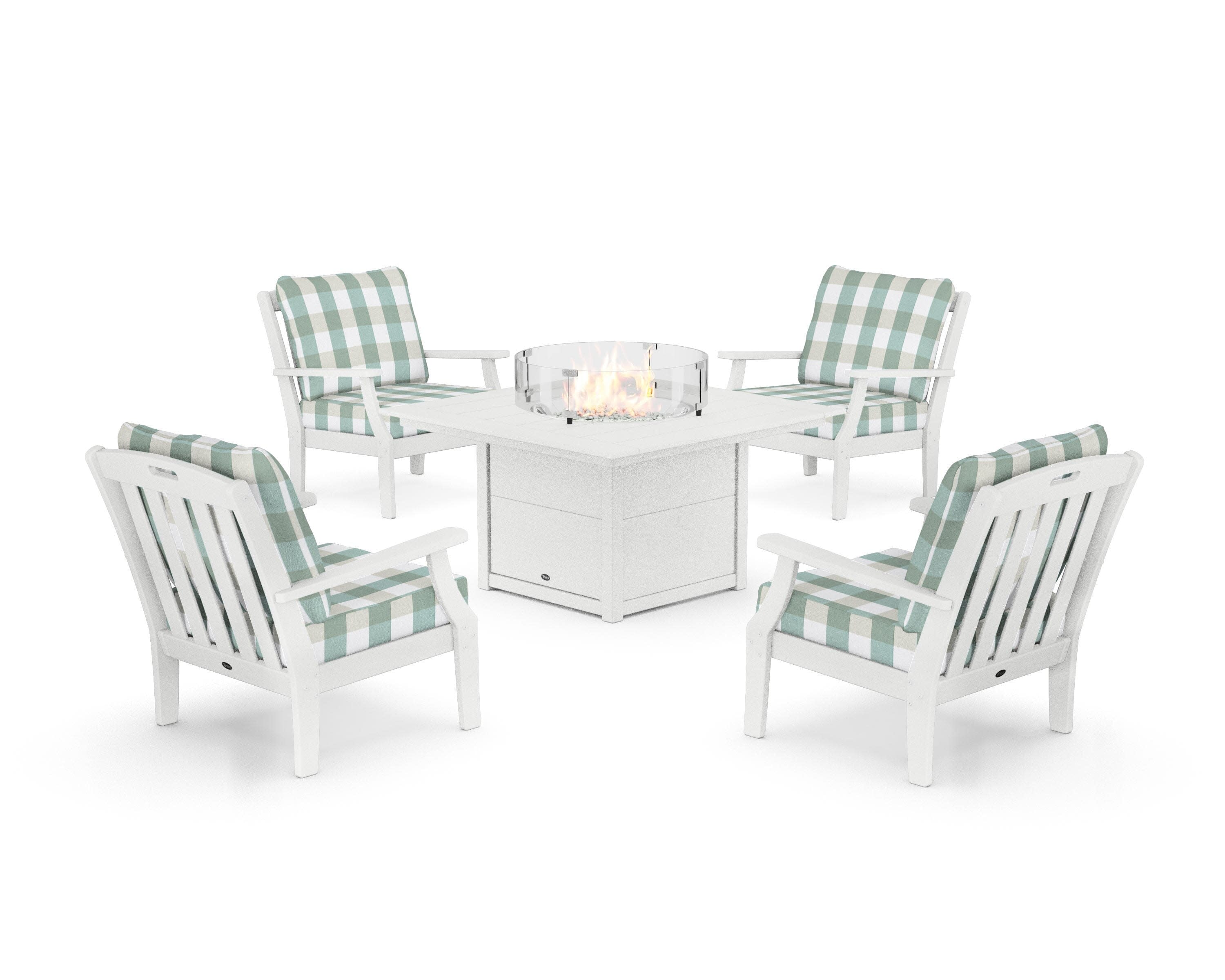 Yacht Club 5-Piece Deep Seating Set with Square Fire Pit Table in Classic White / Buffalo Plaid Glacier Spa