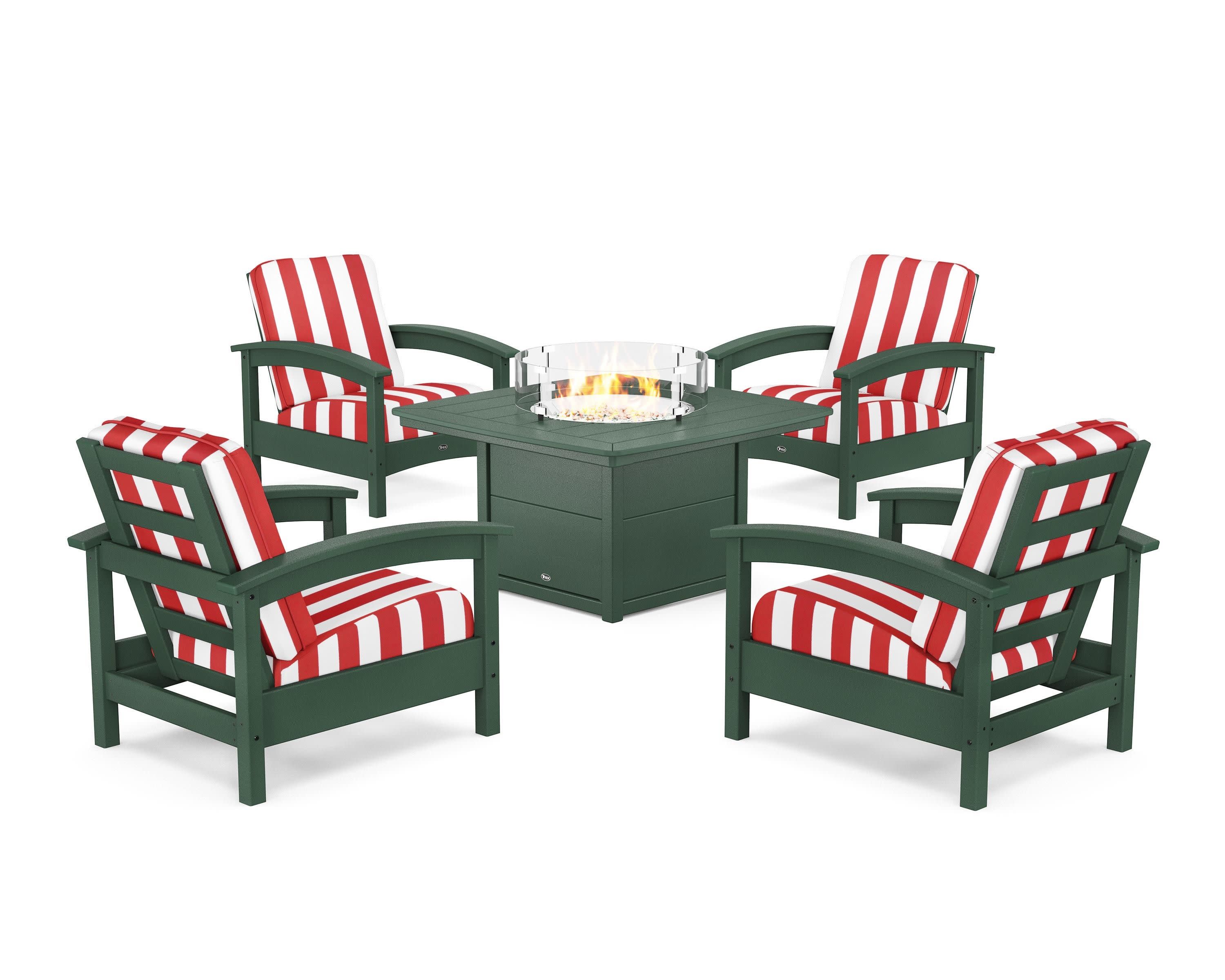 Rockport 5-Piece Deep Seating Set with Yacht Club Fire Pit Table in Rainforest Canopy / Cabana Stripe Crimson