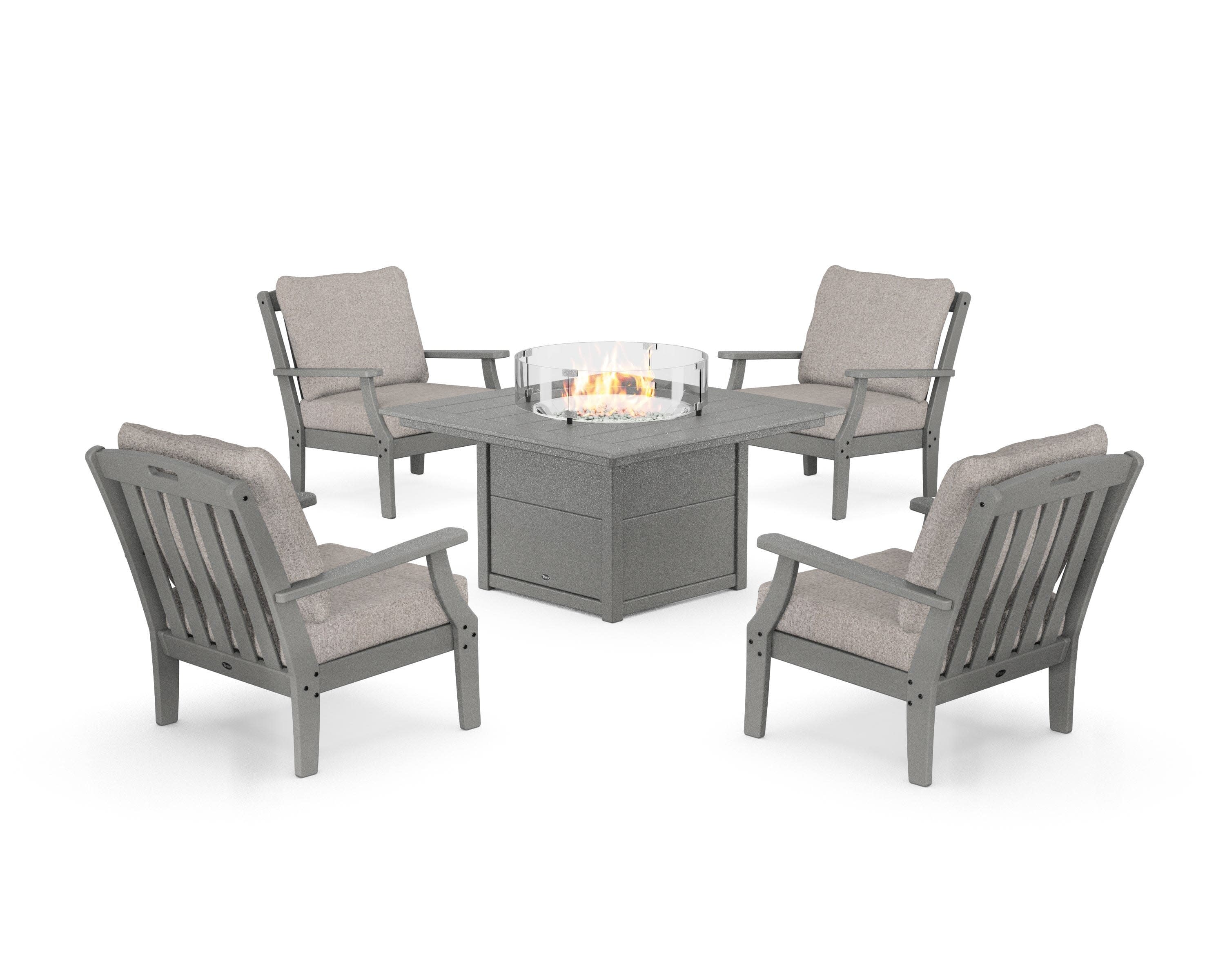Yacht Club 5-Piece Deep Seating Set with Square Fire Pit Table in Stepping Stone / Weathered Tweed