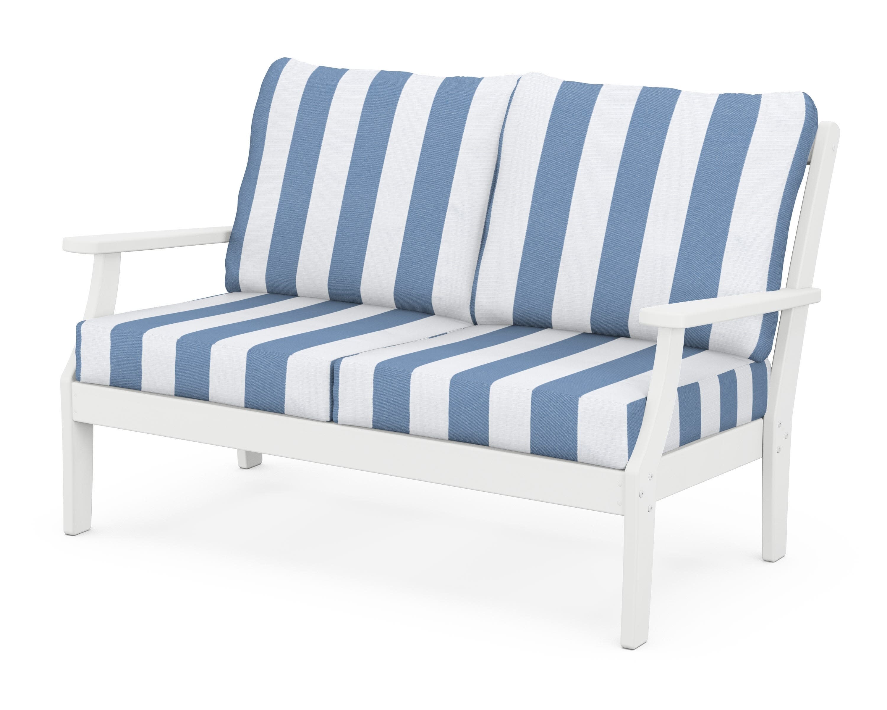 Yacht Club Deep Seating Loveseat in Classic White / Cabana Stripe Sky Blue