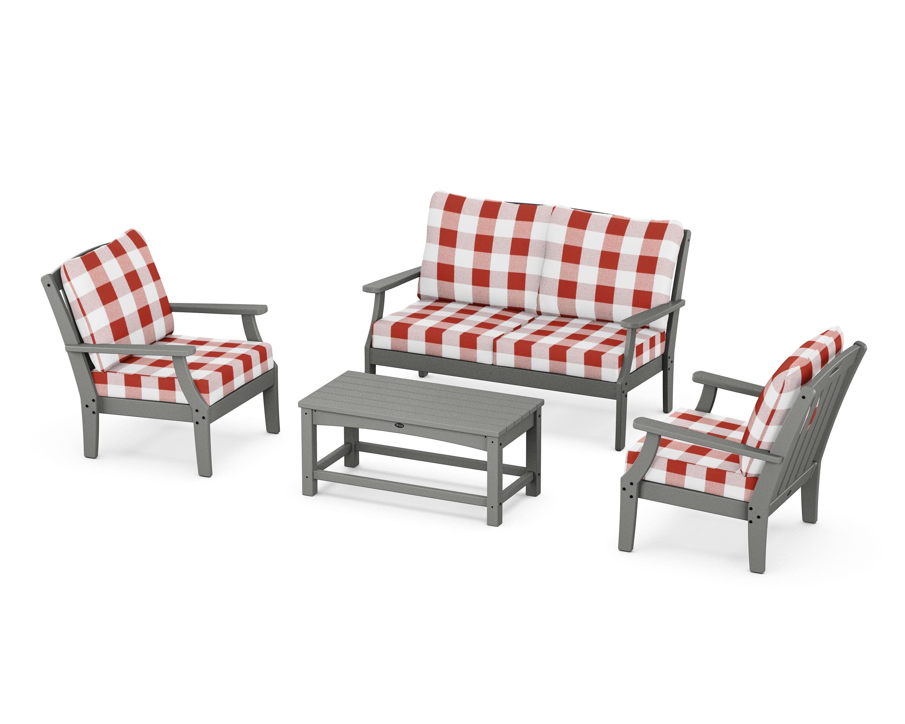 Yacht Club 4-Piece Deep Seating Chair Set in Stepping Stone / Buffalo Plaid Crimson