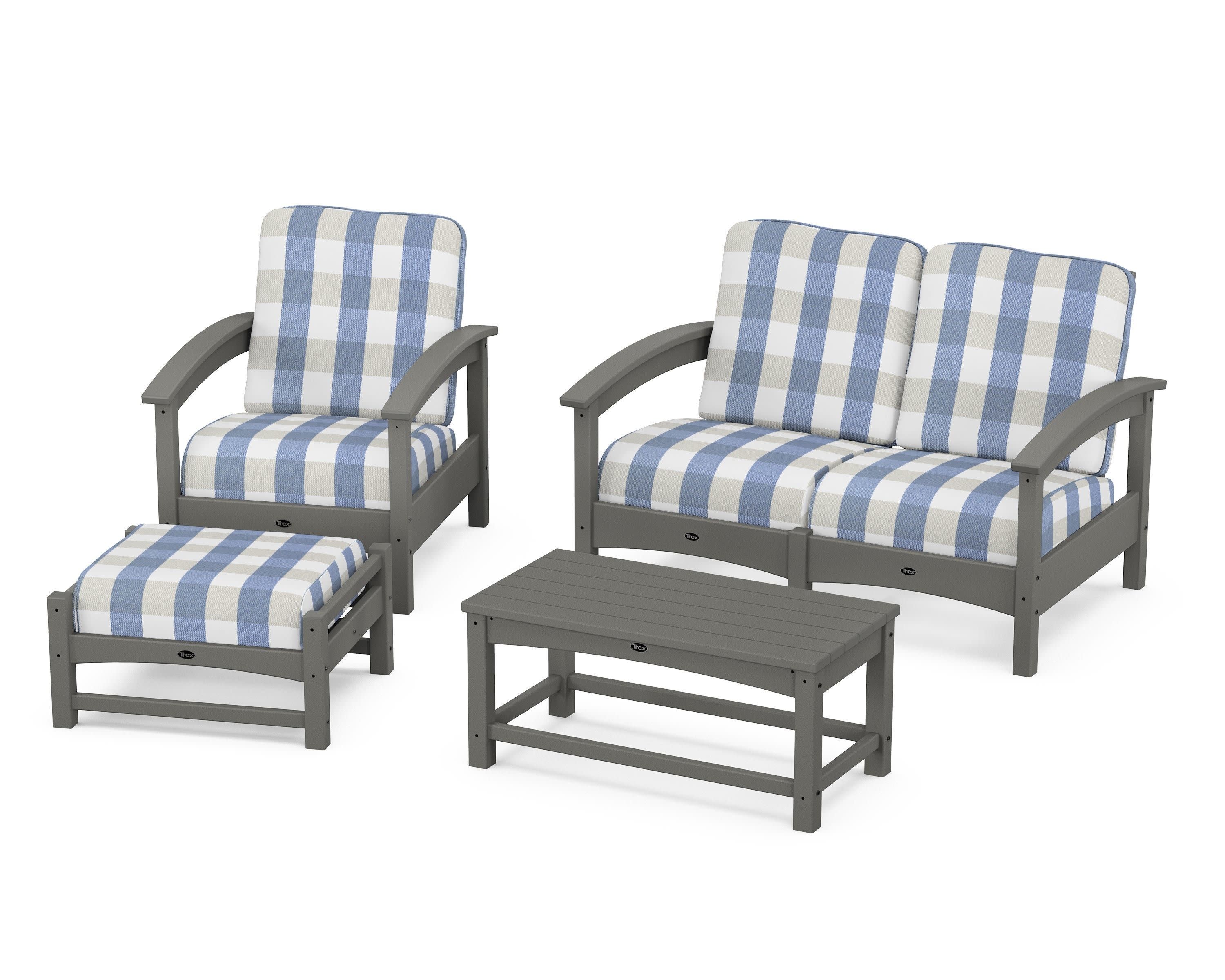 Rockport 4-Piece Deep Seating Conversation Group in Stepping Stone / Buffalo Plaid Sky Blue