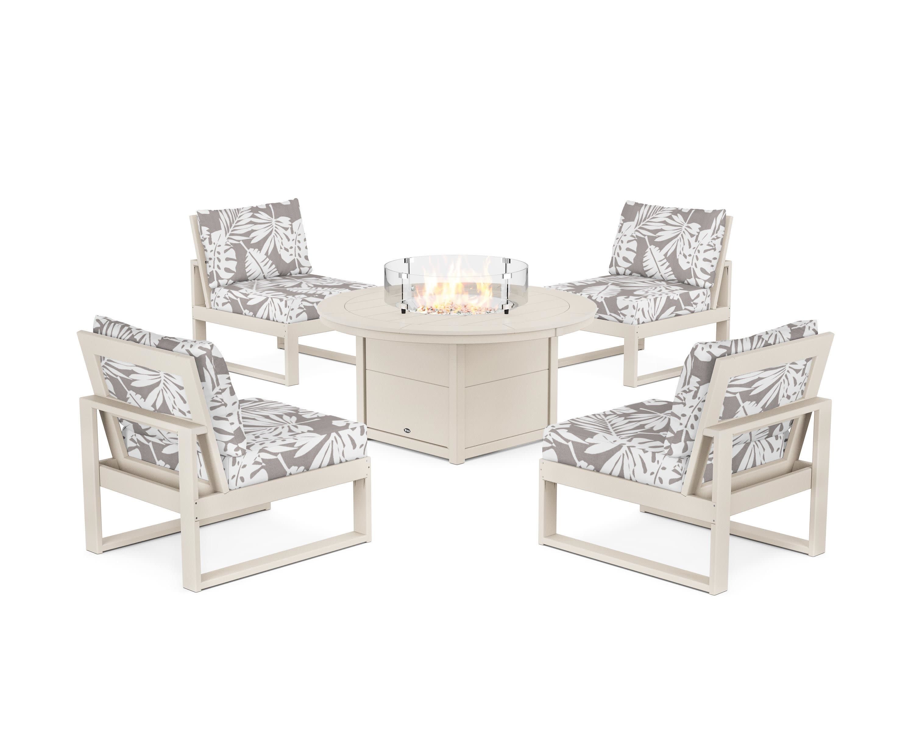 Eastport Modular 5-Piece Deep Seating Set with Round Fire Pit Table in Sand Castle / Leaf Grey Mist